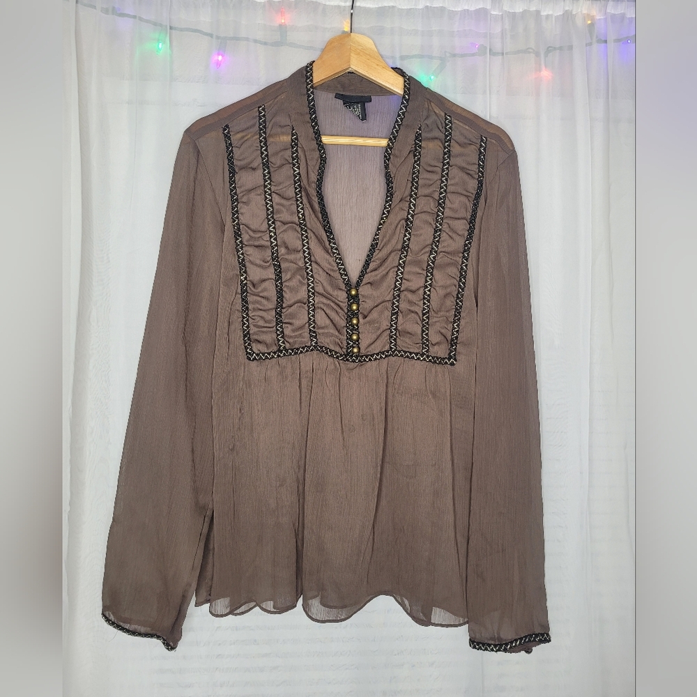 Fairy Flowy Y2k Blouse Large Sheer Brown Mandarin Collar Ruffle V-Neck Gold